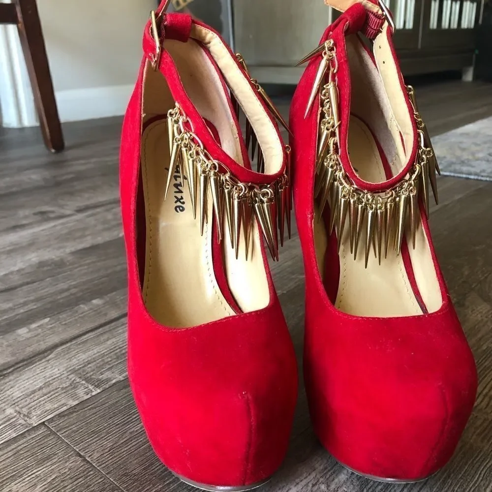 Styluxe Red Velvet Suede Platform Spike Ankle Strap Stiletto Heels